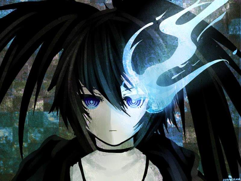 sygnallost, black rock shooter (character), black rock shooter, 1girl, black choker, black hair, blue eyes, blue fire, choker, fire, flaming eye, glowing, glowing eye, long hair, pale skin, twintails, uneven twintails, upper body