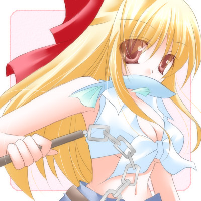 tamak rui, blacksmith (ragnarok online), ragnarok online, commentary, lowres, 1girl, 2000s (style), blonde hair, bow, breasts, chain, cleavage, crop top, fish in mouth, hair bow, holding, holding chain, long hair, looking at viewer, medium breasts, midriff, pink background, pink eyes, red bow, shirt, sleeveless, sleeveless shirt, solo, tied shirt, upper body, white shirt