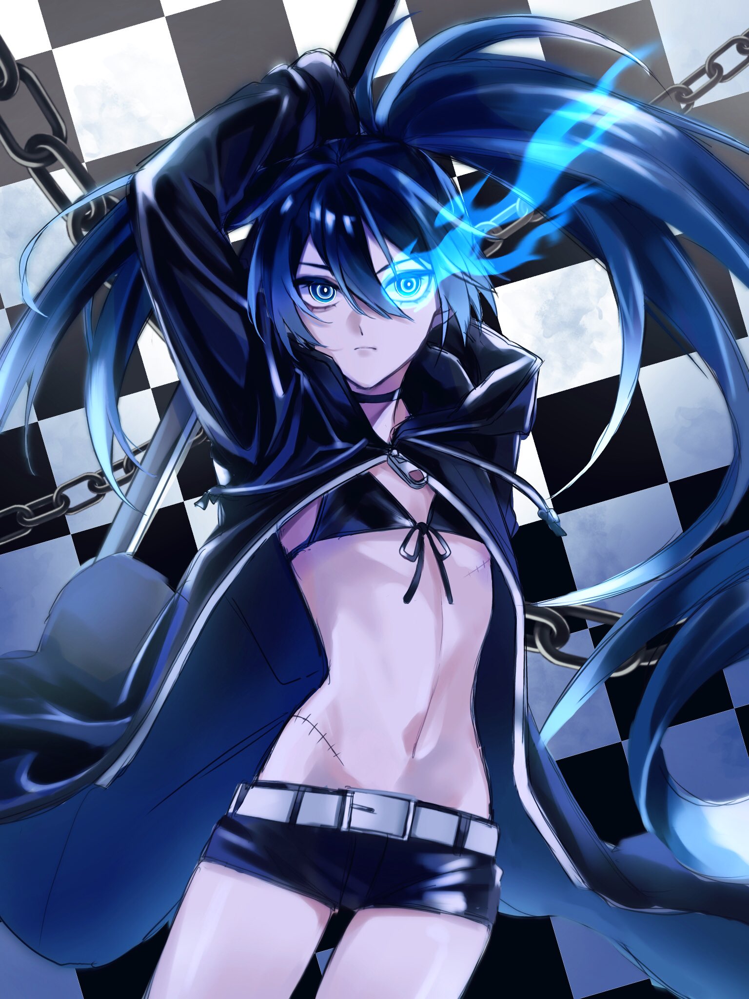 exit 120025, black rock shooter (character), black rock shooter, highres, 1girl, belt, bikini, bikini top only, black coat, black shorts, blue eyes, blue fire, chain, coat, fire, flaming eye, front-tie bikini top, front-tie top, glowing, glowing eye, long hair, no shirt, open clothes, open coat, pale skin, scar, shorts, swimsuit, sword, twintails, uneven twintails, weapon