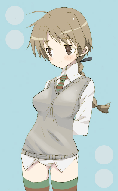 eitomo haruno, lynette bishop, strike witches, world witches series, 00s, 1girl, arms behind back, blue background, blush, braid, brown eyes, brown hair, cowboy shot, female focus, long sleeves, necktie, no pants, panties, shirt, short hair, simple background, single braid, smile, solo, standing, striped clothes, striped thighhighs, sweater vest, thighhighs, underwear, white panties, white shirt