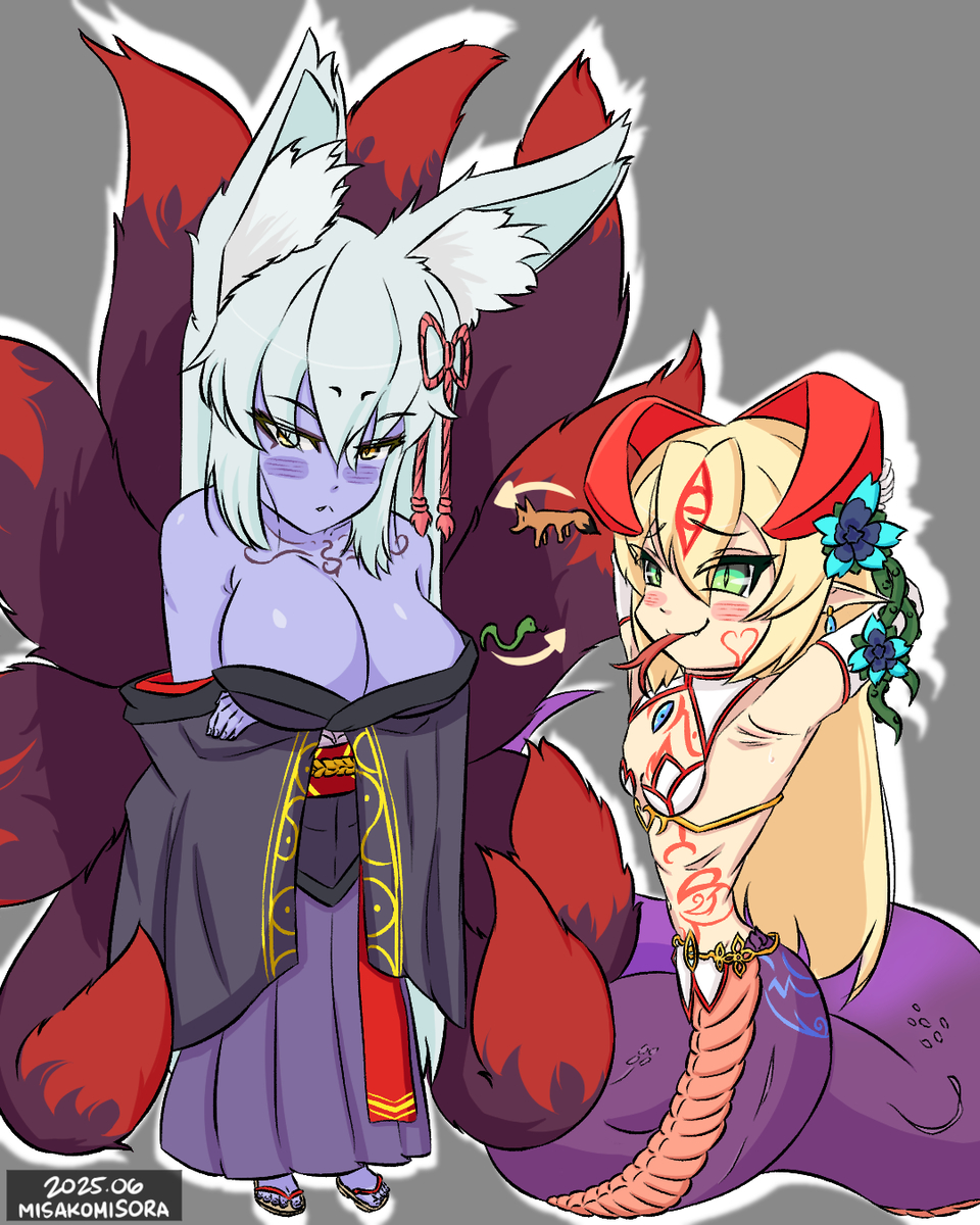 misakomisora, alipheese fateburn xvi, tamamo (mon-musu quest!), mon-musu quest!, mon-musu quest: paradox, nintendo, animal ears, blush, breasts, chest tattoo, fox ears, green eyes, kitsune, lamia, large breasts, monster girl, purple scales, small breasts, snake tail, snake tongue, tail, tattoo, yellow eyes