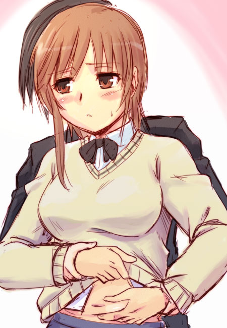urase shioji, sakurai rihoko, amagami, 1girl, belly grab, clothes lift, navel, pinching, shirt lift, solo focus