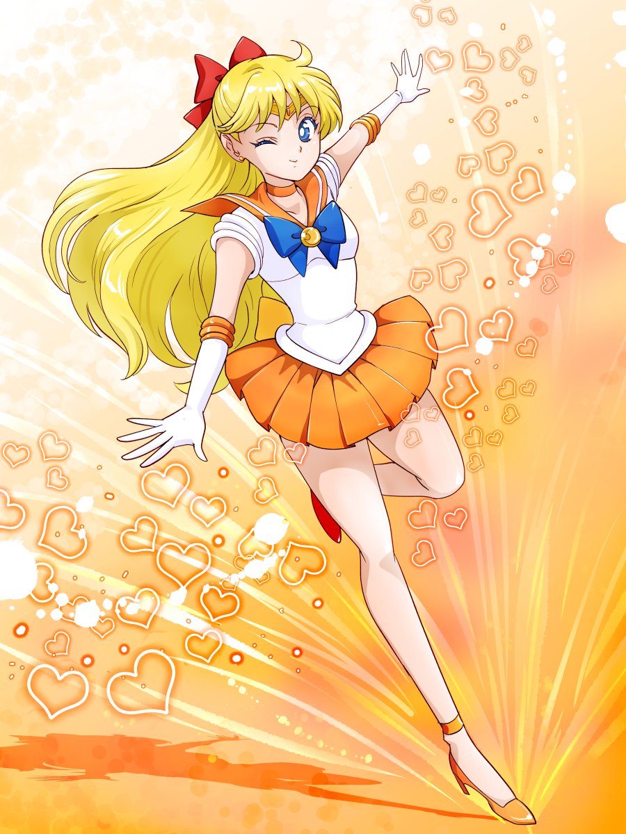 tsubatsuba, aino minako, sailor venus, bishoujo senshi sailor moon, highres, 1girl, blonde hair, blue eyes, bow, gloves, heart, long hair, magical girl, miniskirt, one eye closed, red bow, short sleeves, skirt, standing, standing on one leg, very long hair