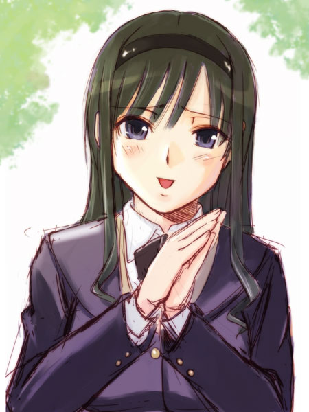 urase shioji, morishima haruka, amagami, 1girl, :d, black hair, blazer, blue eyes, blush, collared shirt, female focus, hairband, happy, hime cut, jacket, long hair, looking at viewer, open mouth, own hands together, purple eyes, school uniform, shirt, smile, solo, upper body