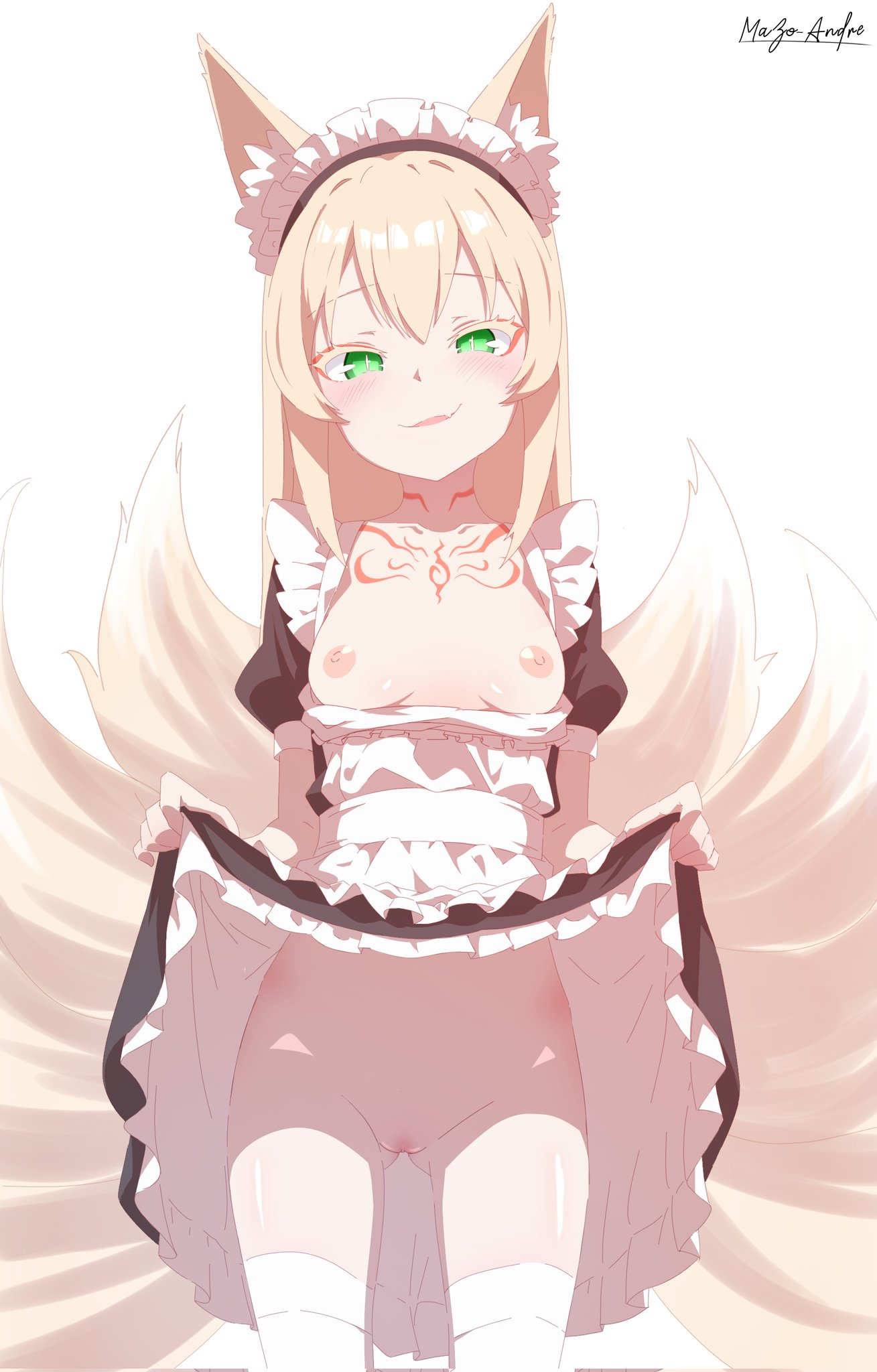 sent99, tamamo (mon-musu quest!), mon-musu quest!, mon-musu quest: paradox, highres, animal ears, apron, blonde hair, blush, chest tattoo, fox ears, green eyes, grin, kitsune, kyuubi, maid, maid apron, multiple tails, smile, smug, tail, tattoo