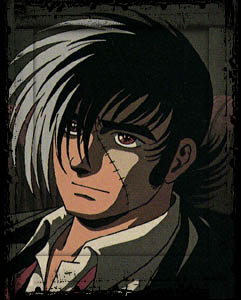black jack, black jack (series), lowres, 1boy, black hair, brown eyes, male focus, multicolored hair, scar, solo, tuxedo, two-tone hair, white hair