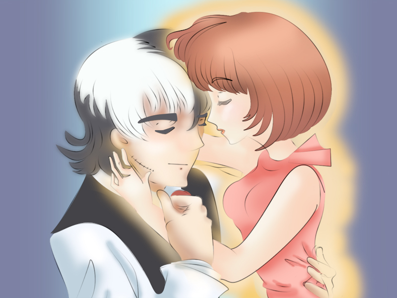 black jack, pinoko, black jack (series), 1boy, 1girl, cuddling, hetero, hug, multicolored hair, red hair, scar, short hair, tuxedo, two-tone hair
