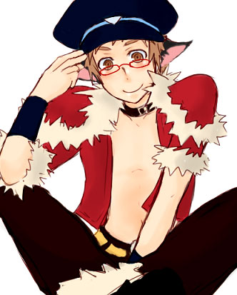 rogue (ragnarok online), ragnarok online, commentary request, lowres, 1boy, animal ears, black hat, black shoes, brown eyes, brown hair, brown pants, cat boy, cat ears, closed mouth, full body, fur-trimmed shirt, fur trim, glasses, hat, indian style, looking at viewer, male focus, newsboy cap, open clothes, open shirt, pants, red-framed eyewear, red shirt, shirt, shoes, short hair, short sleeves, simple background, sitting, smile, solo, touya (flucht), white background