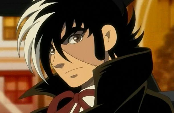 black jack, black jack (series), 1boy, black hair, male focus, multicolored hair, scar, short hair, solo, tuxedo, two-tone hair