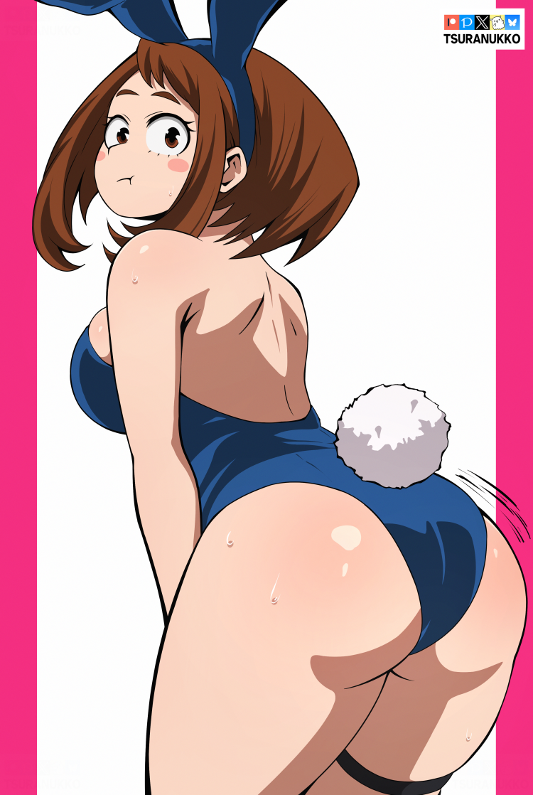 tsuranukko, uraraka ochako, boku no hero academia, 1girl, animal ear hairband, animal ears, artist name, ass, blue leotard, bluesky logo, breasts, brown eyes, brown hair, closed mouth, fake animal ears, fake tail, hairband, highleg, highleg leotard, large breasts, leotard, looking at viewer, looking back, patreon logo, pixiv logo, playboy bunny, pout, rabbit ear hairband, rabbit ears, rabbit tail, solo, tail, thigh strap, twitter x logo
