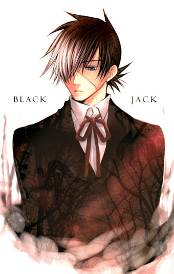 black jack, black jack (series), 1boy, black hair, male focus, multicolored hair, scar, short hair, solo, tuxedo, two-tone hair, white hair