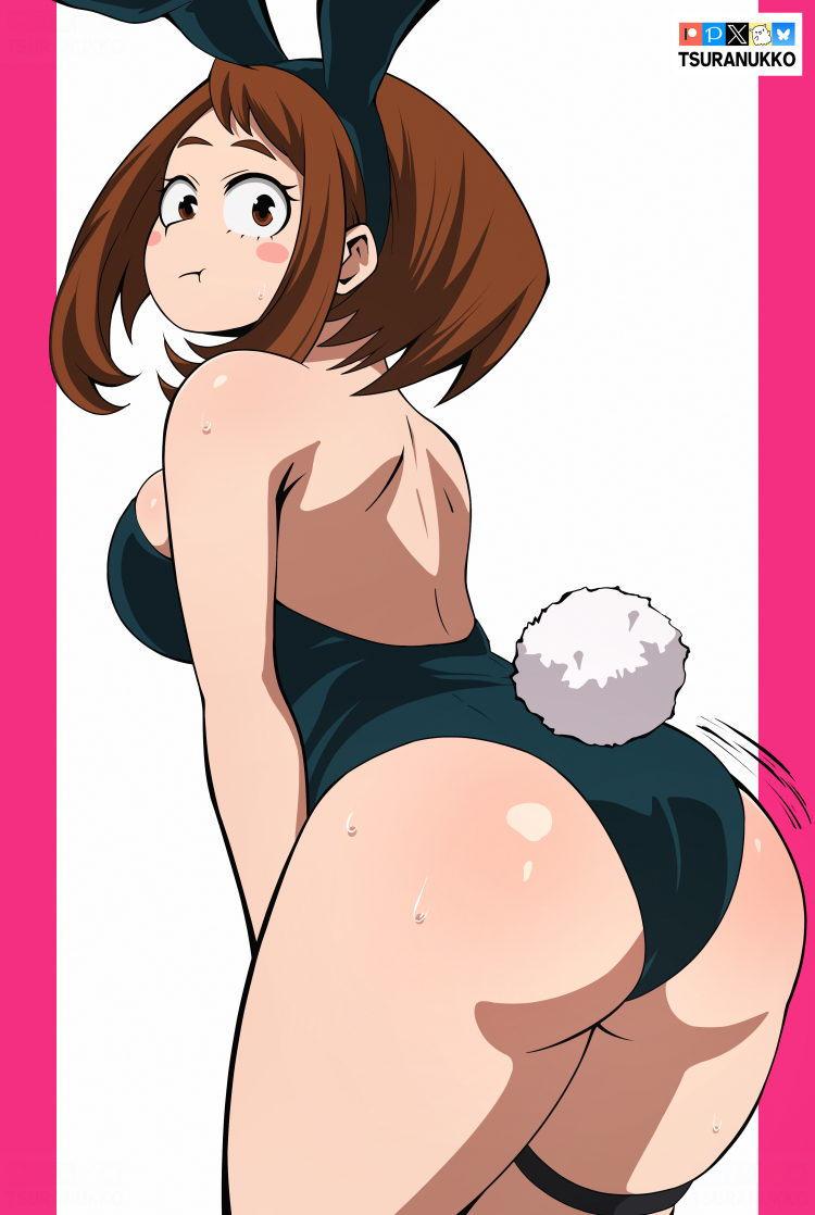 tsuranukko, uraraka ochako, boku no hero academia, 1girl, animal ear hairband, animal ears, artist name, ass, bluesky logo, breasts, brown eyes, brown hair, closed mouth, fake animal ears, fake tail, grey leotard, hairband, highleg, highleg leotard, large breasts, leotard, looking at viewer, looking back, patreon logo, pixiv logo, playboy bunny, pout, rabbit ear hairband, rabbit ears, rabbit tail, solo, tail, thigh strap, twitter x logo