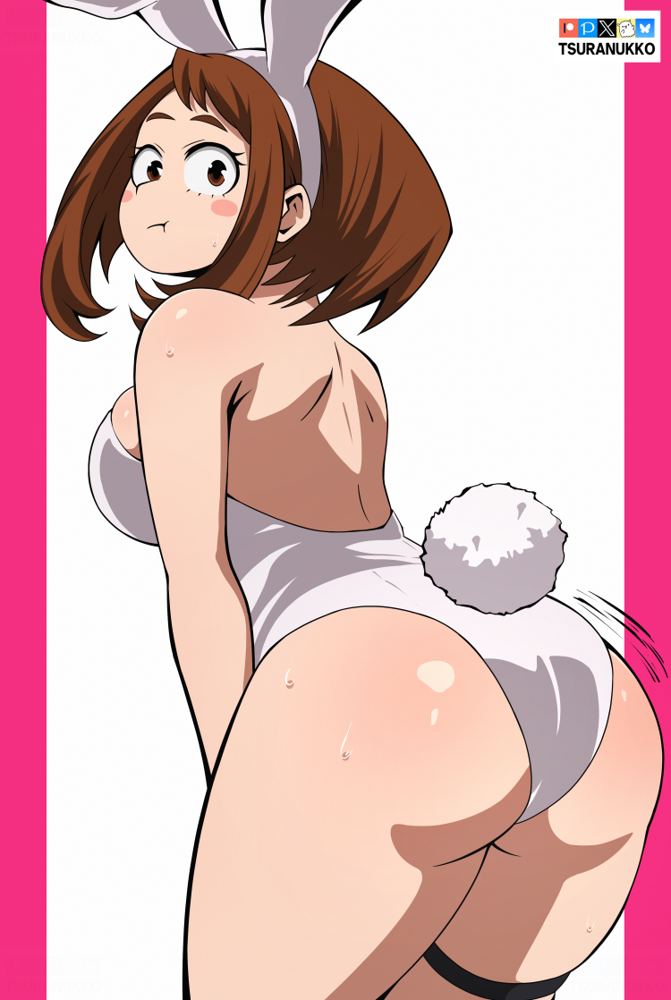 tsuranukko, uraraka ochako, boku no hero academia, 1girl, animal ear hairband, animal ears, artist name, ass, bluesky logo, breasts, brown eyes, brown hair, closed mouth, fake animal ears, fake tail, hairband, highleg, highleg leotard, large breasts, leotard, looking at viewer, looking back, patreon logo, pixiv logo, playboy bunny, pout, rabbit ear hairband, rabbit ears, rabbit tail, solo, tail, thigh strap, twitter x logo, white leotard