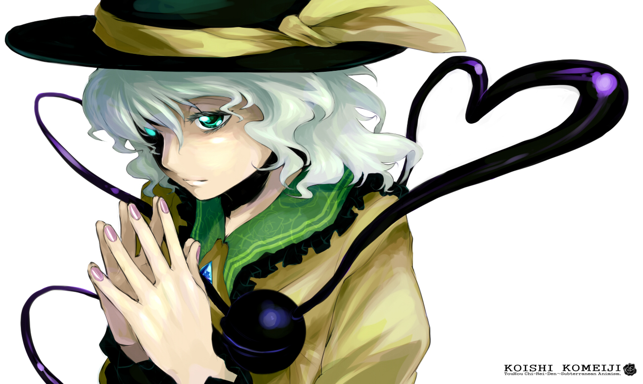 oso (toolate), komeiji koishi, touhou, silver hair, 1girl, aqua eyes, character name, female focus, glowing, glowing eyes, hat, heart, heart of string, nail polish, pink nails, simple background, solo, steepled fingers