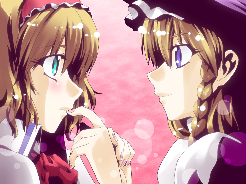 watanabe hiroaki, alice margatroid, kirisame marisa, touhou, 2girls, blonde hair, blue eyes, braid, female focus, green eyes, hat, multiple girls, nail polish, pink nails