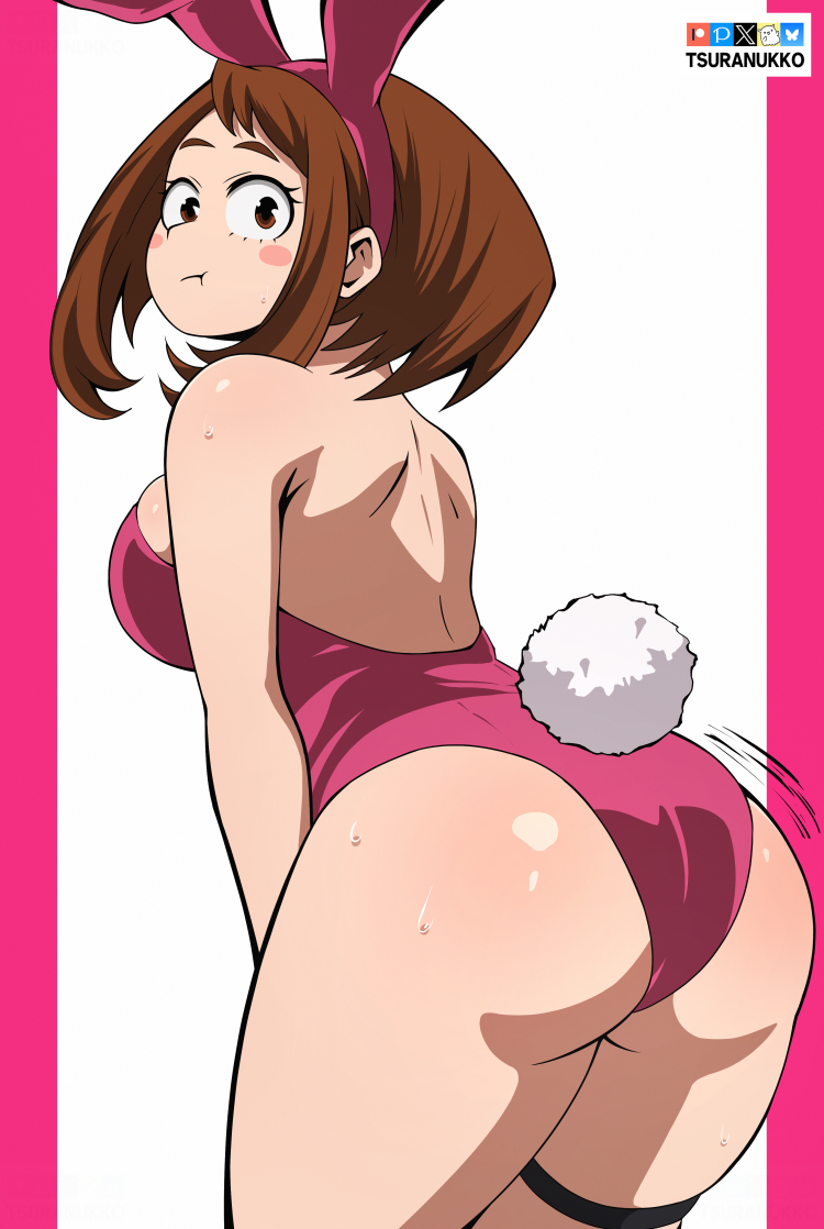 tsuranukko, uraraka ochako, boku no hero academia, 1girl, animal ear hairband, animal ears, artist name, ass, bluesky logo, breasts, brown eyes, brown hair, closed mouth, fake animal ears, fake tail, hairband, highleg, highleg leotard, large breasts, leotard, looking at viewer, looking back, patreon logo, pink leotard, pixiv logo, playboy bunny, pout, rabbit ear hairband, rabbit ears, rabbit tail, solo, tail, thigh strap, twitter x logo