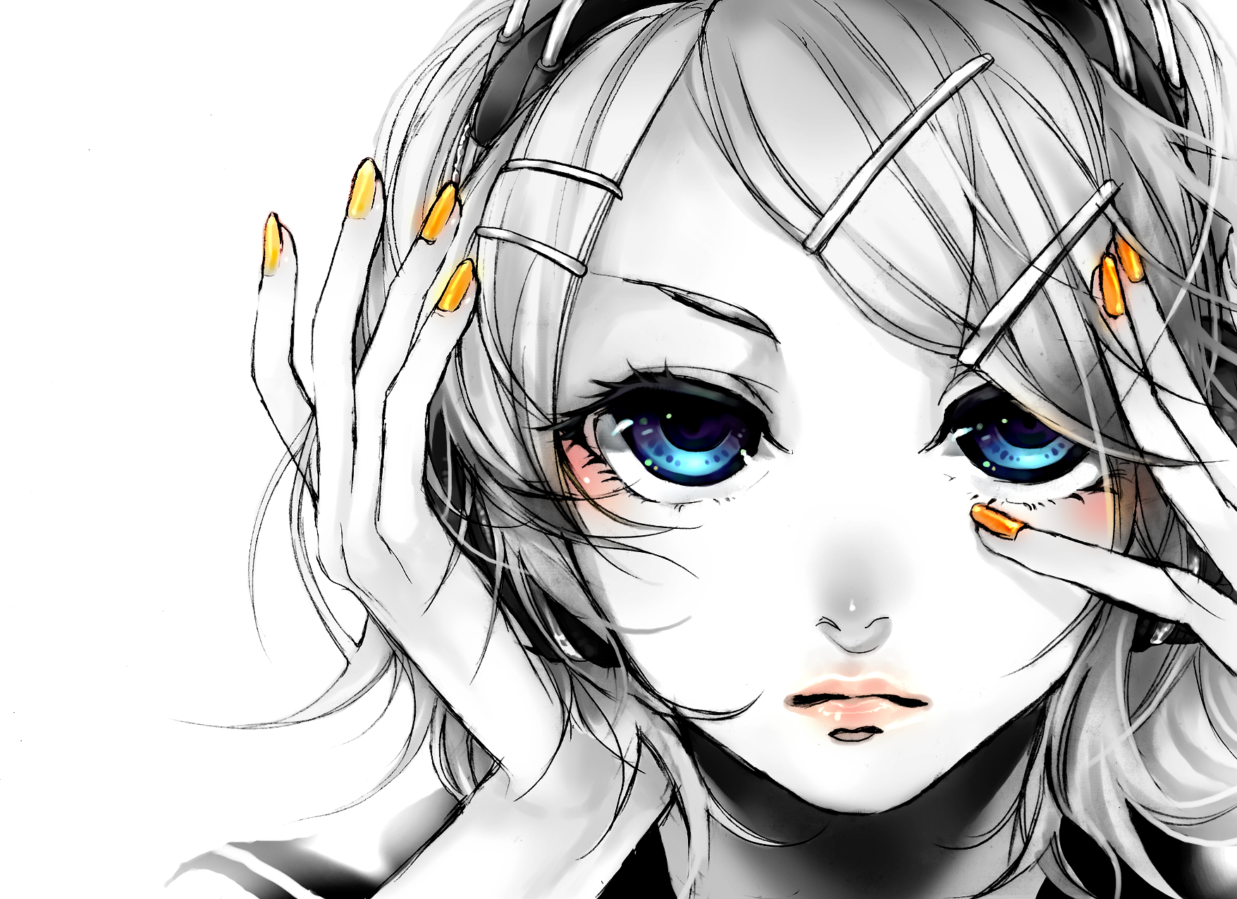 akiakane, kagamine rin, migikata no chou (vocaloid), vocaloid, highres, 1girl, blue eyes, blush, eyelashes, face focus, female focus, lipstick, makeup, monochrome, nail polish, out of frame, portrait, sailor collar, simple background, solo, spot color, swept bangs, white background, yellow nails