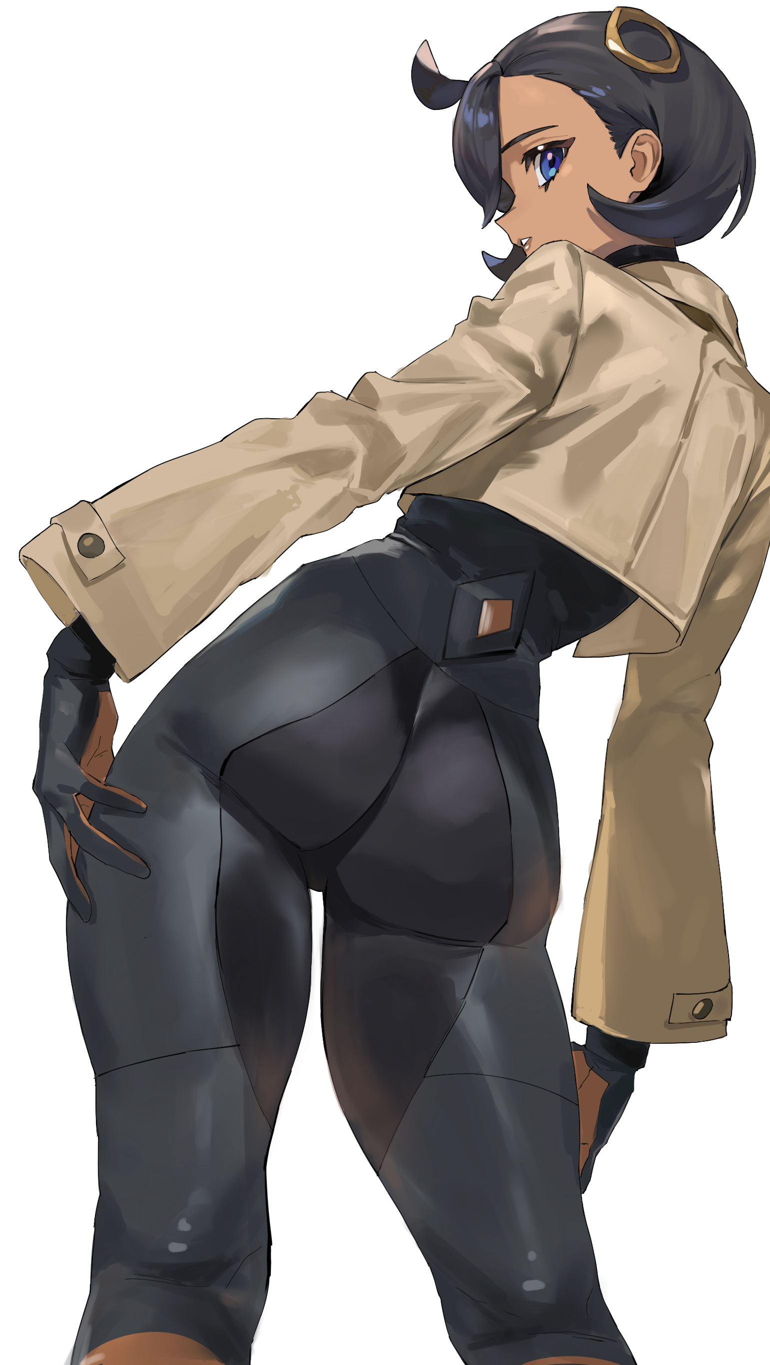 taiyang yu, emma (pokemon), nintendo, pokemon, pokemon legends: z-a, absurdres, highres, 1girl, ass, black bodysuit, black hair, blue eyes, bodysuit, brown jacket, contrapposto, cowboy shot, from behind, hair ornament, jacket, looking at viewer, looking back, parted lips, short hair, simple background, solo, white background