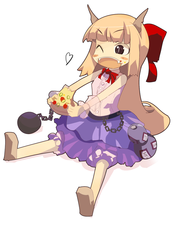 yashima yuuta, ibuki suika, touhou, 1girl, chain, chibi, eating, fangs, female focus, food, full body, gourd, horns, one eye closed, pizza, simple background, sitting, solo, white background, wink