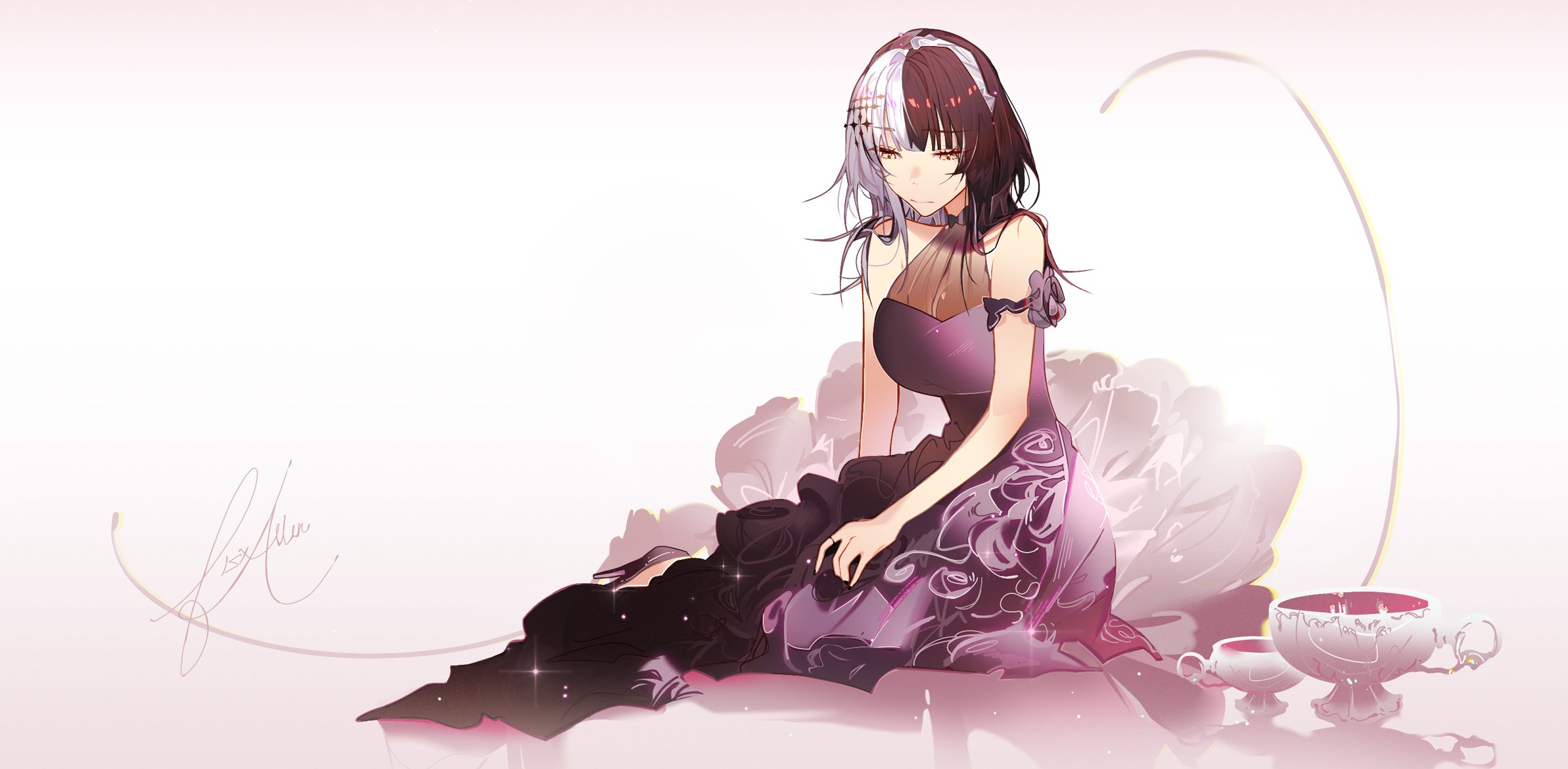 f15xallen, shiori novella, hololive, hololive english, highres, 1girl, alternate costume, arm strap, black hair, breasts, chalice, closed mouth, cup, dress, high heels, large breasts, long hair, multicolored hair, purple dress, signature, solo, split-color hair, two-tone hair, virtual youtuber, white background, white hair, yellow eyes