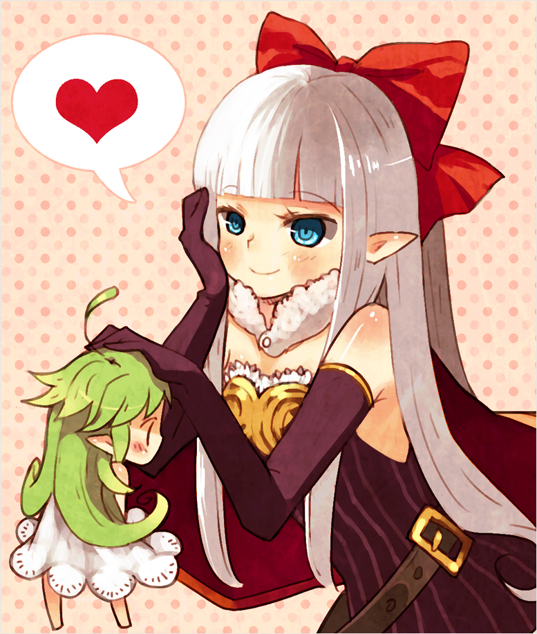 domotolain, alchemist (ragnarok online), lif (ragnarok online), ragnarok online, commentary request, 2girls, black dress, black gloves, blue eyes, blunt bangs, blush, bow, cape, closed mouth, dress, elbow gloves, flat chest, gloves, green hair, hair bow, hand on own cheek, hand on own face, headpat, heart, long hair, looking at viewer, mini person, minigirl, multiple girls, orange cape, pink background, pointy ears, polka dot, polka dot background, red bow, smile, spoken heart, strapless, strapless dress, upper body, white hair