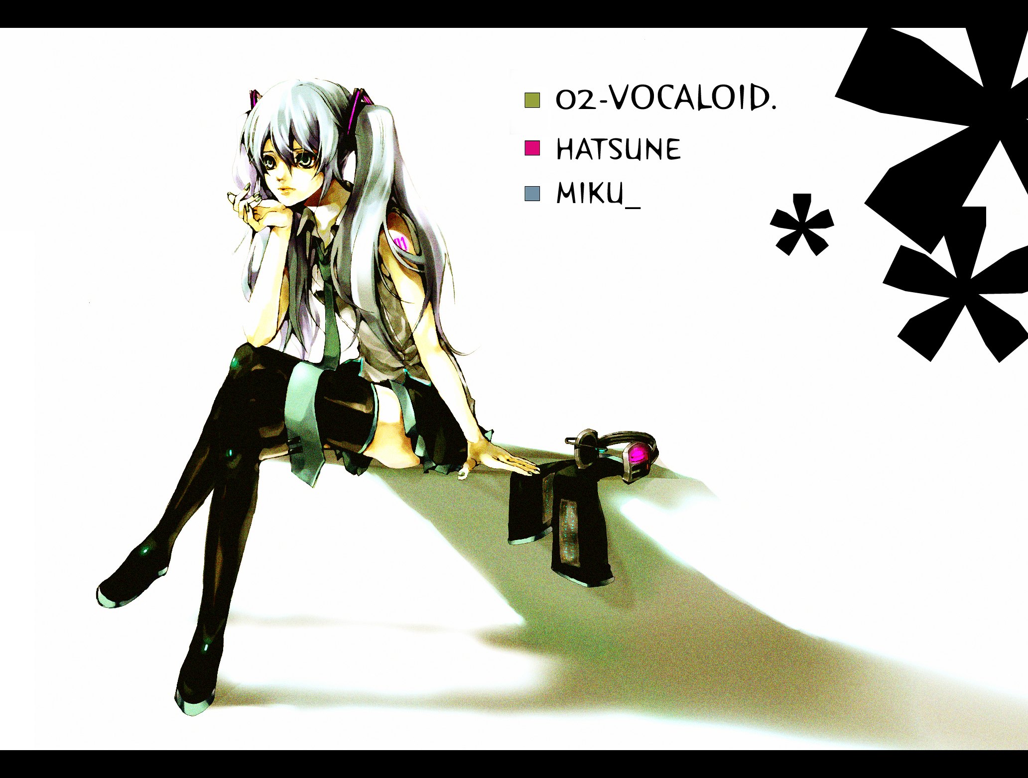 akiakane, hatsune miku, vocaloid, bad id, bad pixiv id, highres, crossed legs, green eyes, green hair, headphones, legs, letterboxed, long hair, sitting, skirt, solo, thighhighs, twintails, zettai ryouiki