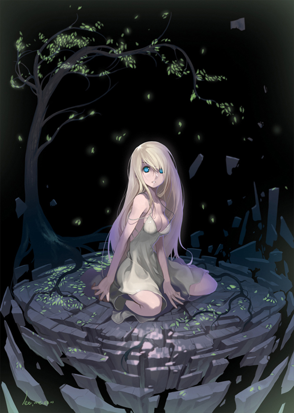 letme, 1girl, blonde hair, blue eyes, breasts, cleavage, dress, female focus, hair over one eye, kneeling, leaf, long hair, medium breasts, solo, tree, wind