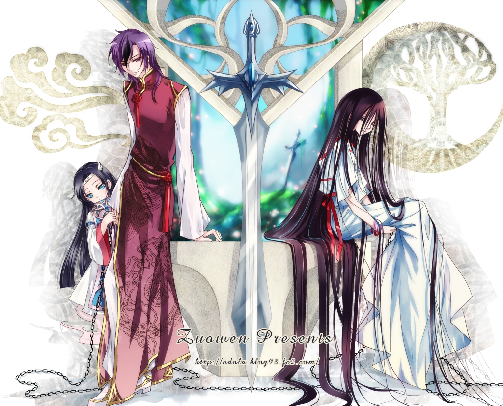zuowen, original, blade, 1boy, 2girls, absurdly long hair, black hair, blue eyes, chain, chinese clothes, long hair, multiple girls, purple hair, red eyes, ribbon, sword, very long hair, weapon, wristband