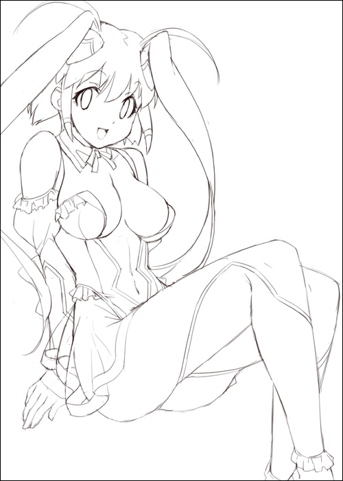 mizuki makoto, aoba anoa, otomedius, 1girl, :d, antenna hair, bare shoulders, breasts, cleavage, detached collar, female focus, greyscale, leotard, long hair, looking at viewer, monochrome, open mouth, revealing clothes, see-through clothes, see-through skirt, simple background, sketch, skirt, smile, solo, twintails, very long hair, white background