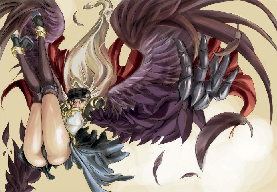 bencao gangmu, valkyrie randgris, ragnarok online, commentary request, 1girl, armor, ass, black armor, black boots, black panties, black skirt, blonde hair, boots, breastplate, brown thighhighs, cape, falling, feathered wings, floating hair, full body, heterochromia, legs, long hair, looking at viewer, orange background, panties, pauldrons, purple eyes, purple wings, red cape, red eyes, shoulder armor, showgirl skirt, skirt, solo, thighhighs, underwear, valkyrie, very long hair, wings, yellow background