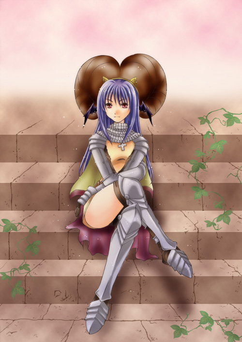 hachipocchi, knight (ragnarok online), ragnarok online, commentary request, 1girl, 2000s (style), armor, armored boots, armored dress, black wings, boots, brown horns, chainmail, closed mouth, cross, crossed legs, curled horns, dress, fake horns, full body, head wings, horns, long hair, looking at viewer, pauldrons, pink eyes, shoulder armor, sitting, sitting on stairs, solo, stairs, wings