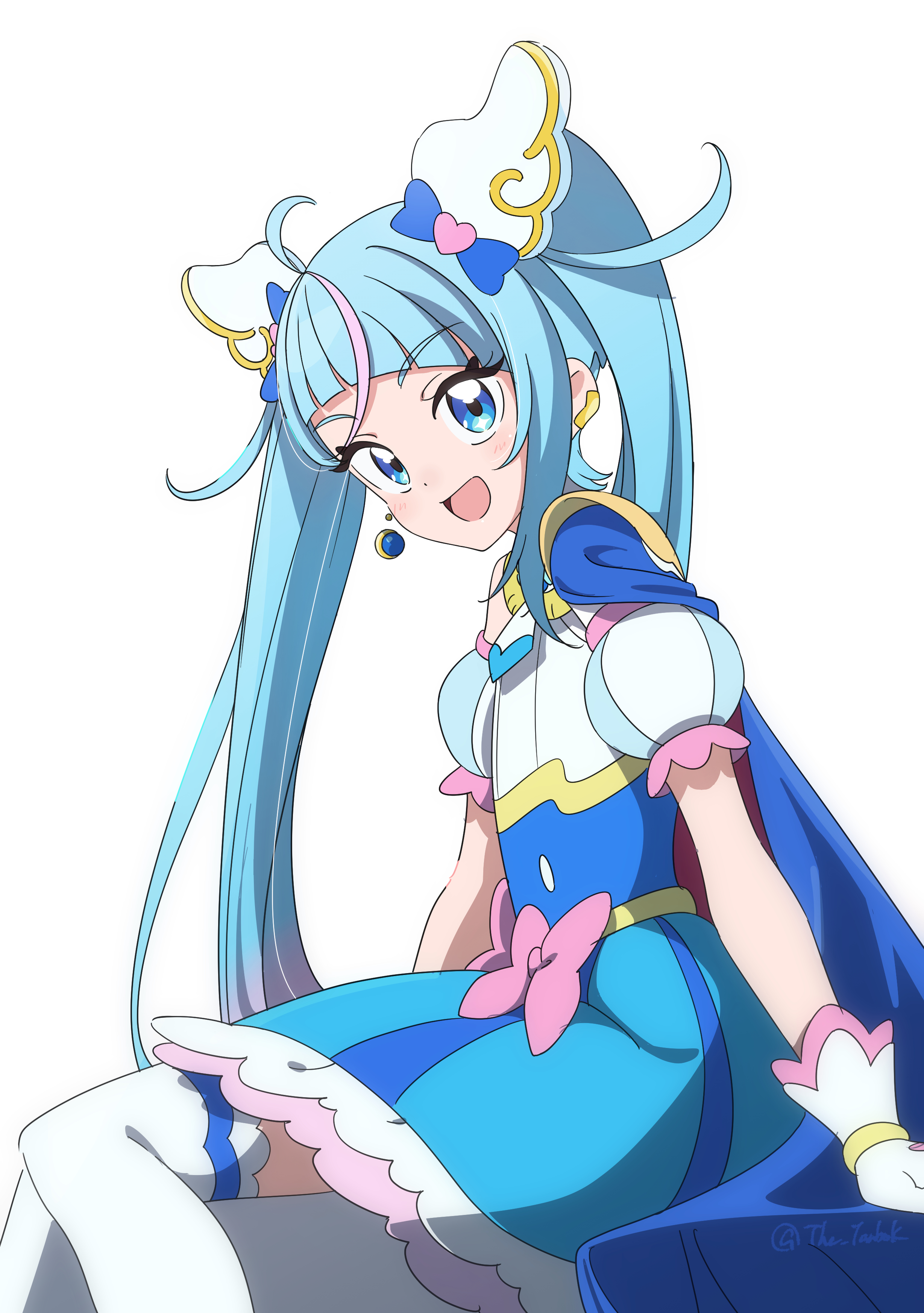danoso (the tanbok), cure sky, sora harewataru, hirogaru sky! precure, precure, absurdres, highres, 1girl, :d, ahoge, arm support, artist name, asymmetrical bangs, blue cape, blue dress, blue eyes, blue hair, blush, bow, brooch, cape, colored petticoat, cut bangs, detached sleeves, diagonal bangs, dress, dress bow, earclip, earrings, feet out of frame, gloves, gradient hair, hair ornament, jewelry, long hair, looking at viewer, magical girl, medium dress, multicolored dress, multicolored hair, open mouth, petticoat, pink bow, pink hair, puffy detached sleeves, puffy sleeves, red cape, simple background, single bare shoulder, single earring, single hair streak, single sidelock, sitting, sleeveless, sleeveless dress, smile, solo, streaked hair, thighhighs, twintails, two-sided cape, two-sided fabric, two-tone dress, two-tone hair, white background, white dress, white gloves, wing brooch, wing hair ornament, zettai ryouiki