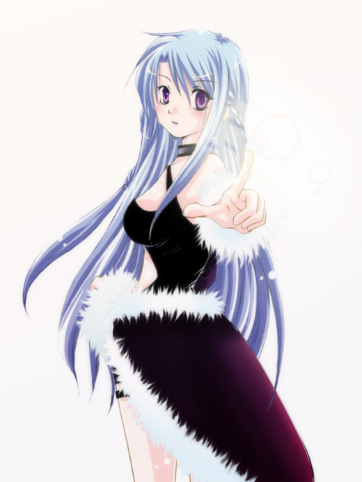 hachipocchi, stalker (ragnarok online), ragnarok online, commentary request, 1girl, 2000s (style), black choker, black tank top, blue hair, blush, breasts, cape, choker, cowboy shot, detached sleeves, fur-trimmed cape, fur-trimmed sleeves, fur trim, index finger raised, long hair, looking at viewer, looking to the side, medium breasts, purple cape, purple eyes, simple background, solo, tank top, very long hair, white background