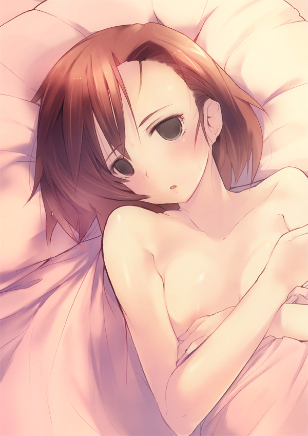 kaede (sayappa), sayappa, misaka imouto, toaru majutsu no index, 00s, 1girl, asymmetrical bangs, brown hair, covering breasts, covering privates, empty eyes, female focus, solo, topless female