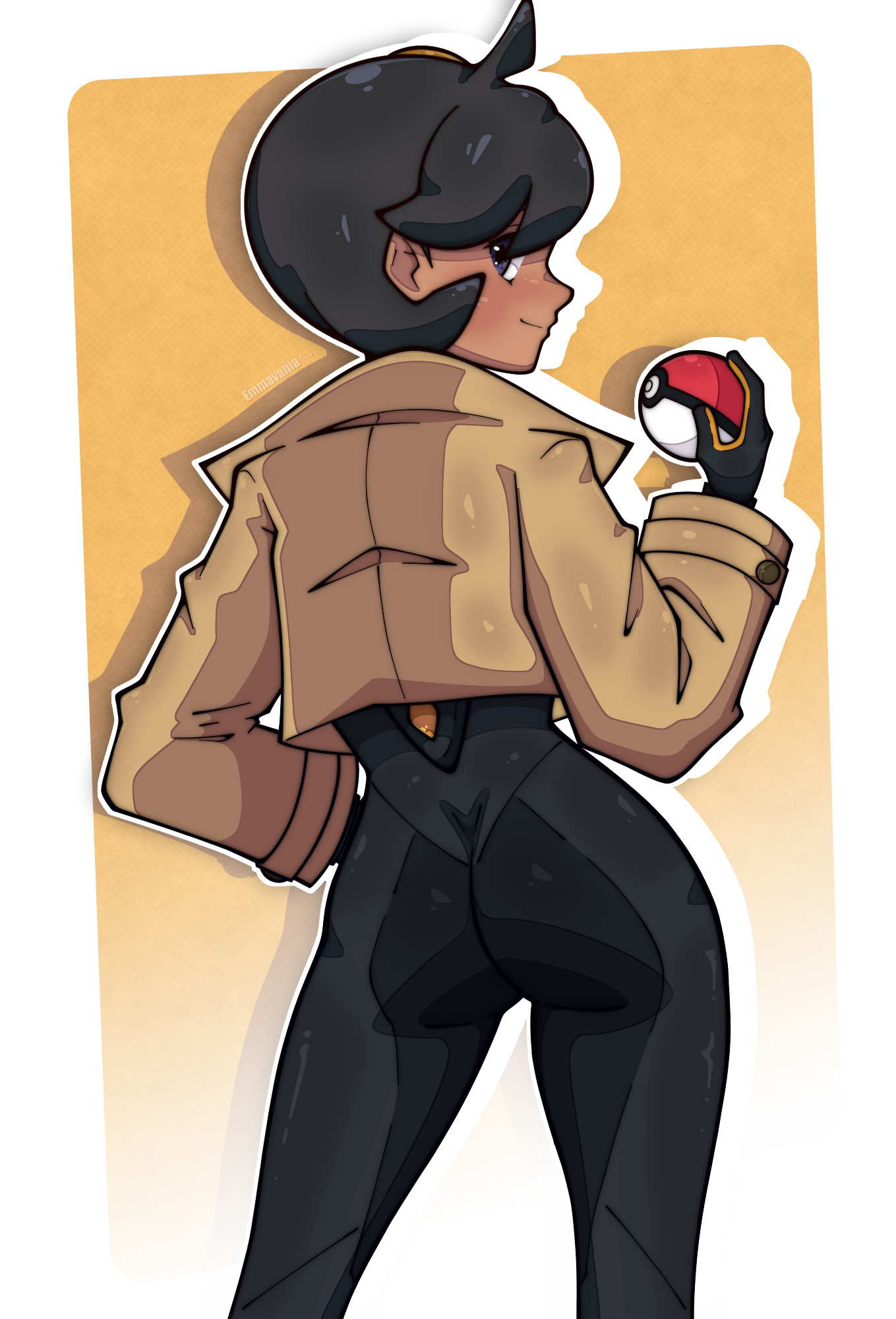 emmavania, emma (pokemon), nintendo, pokemon, pokemon legends: z-a, highres, 1girl, ass, black bodysuit, black gloves, black hair, bodysuit, bodysuit under clothes, brown jacket, cowboy shot, cropped jacket, curvy, dark-skinned female, dark skin, from behind, gloves, hand on own hip, holding, holding poke ball, jacket, looking at viewer, poke ball, shiny clothes, short hair, smile, wide hips