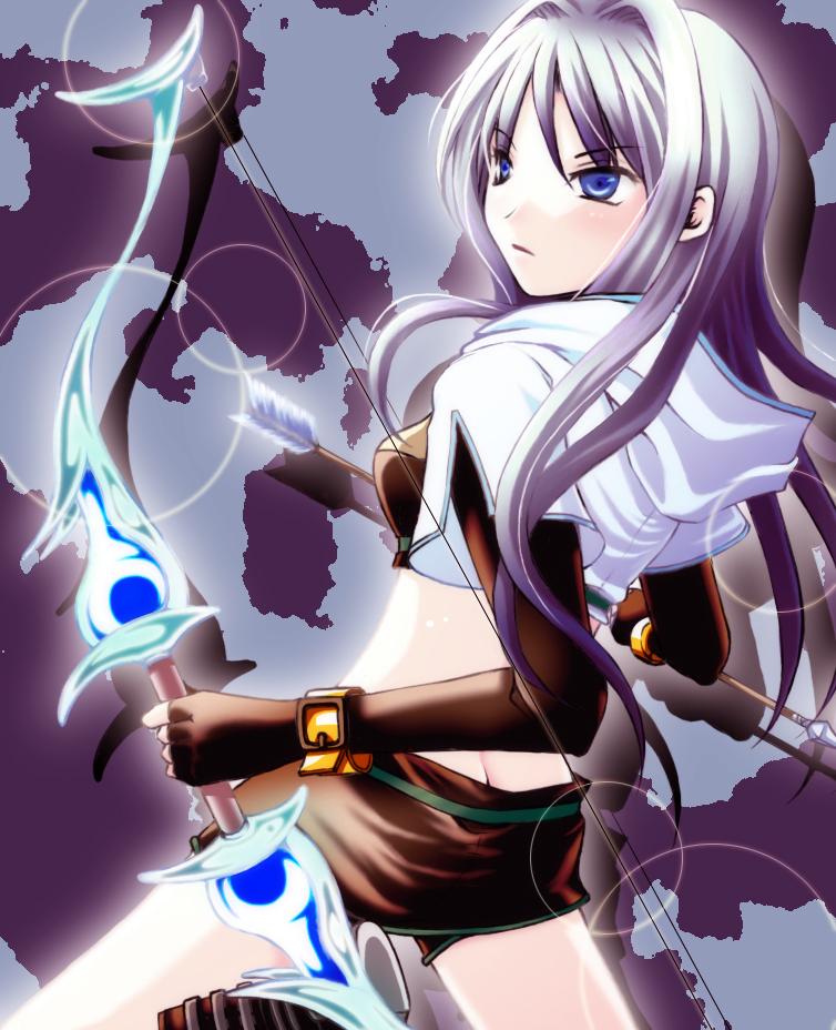 hachipocchi, hunter (ragnarok online), ragnarok online, commentary request, 1girl, 2000s (style), arrow (projectile), back, blue eyes, blush, bow (weapon), brown gloves, brown shirt, brown shorts, brown skirt, butt crack, cowboy shot, crop top, cropped jacket, elbow gloves, expressionless, fingerless gloves, from behind, gloves, grey hair, hair intakes, holding, holding arrow, holding bow (weapon), holding weapon, jacket, long hair, looking afar, midriff, miniskirt, open mouth, purple background, quiver, shirt, short shorts, short sleeves, shorts, shorts under skirt, skirt, solo, weapon, white jacket