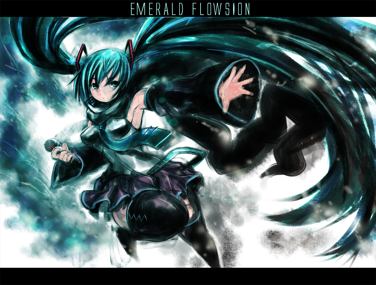 omega.ep, hatsune miku, vocaloid, aqua eyes, aqua hair, detached sleeves, letterboxed, long hair, microphone, scarf, skirt, solo, thighhighs, twintails, very long hair