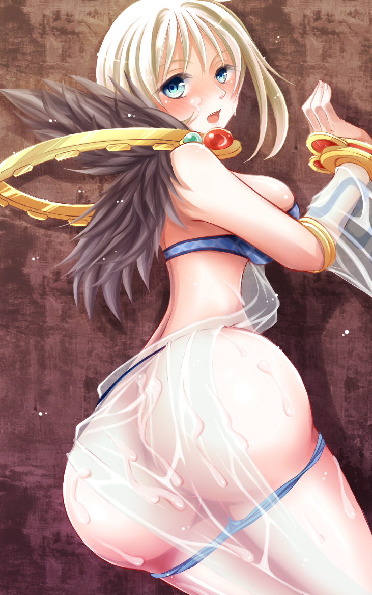 hachipocchi, sorcerer (ragnarok online), ragnarok online, commentary request, 1girl, 2000s (style), against wall, ass, back, blonde hair, blue eyes, blue panties, blush, breasts, brown background, cowboy shot, cum, cum on ass, cum on body, detached sleeves, dress, facial, fur collar, large breasts, long hair, looking at viewer, looking back, open mouth, panties, panty pull, see-through clothes, see-through dress, see-through sleeves, solo, underwear