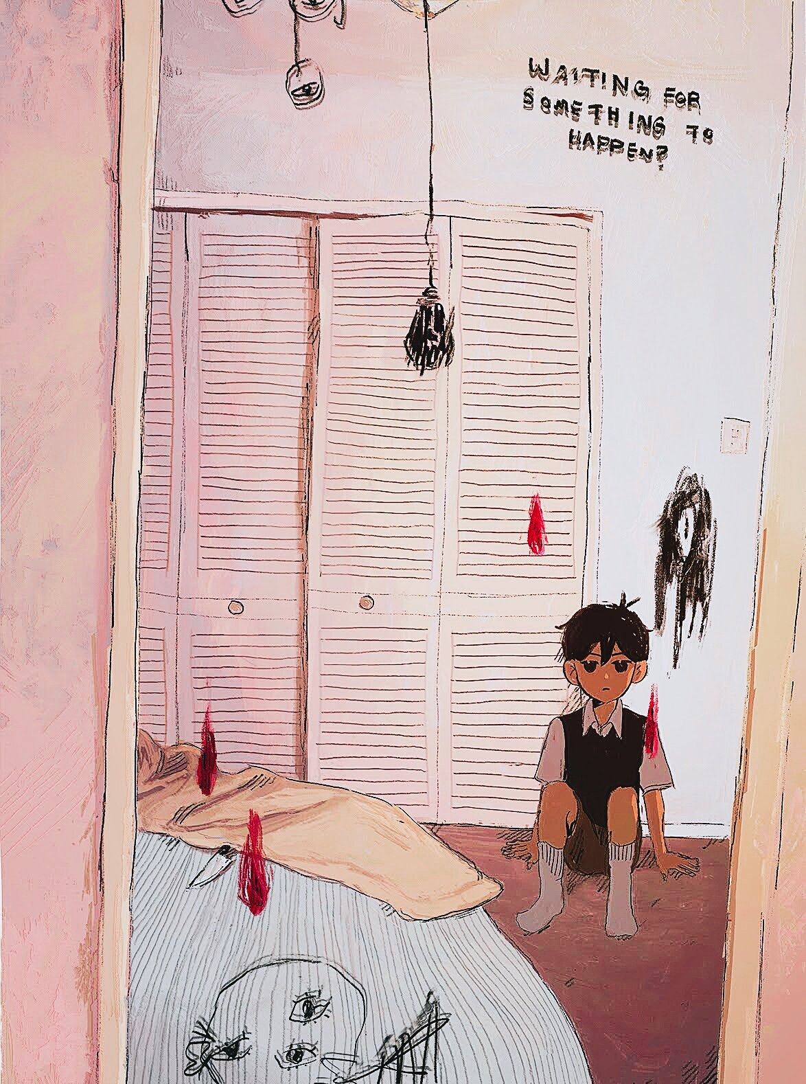 sapgoon, something (omori), sunny (omori), omori, highres, 1boy, antenna hair, arm support, bed, black eyes, black hair, brown shorts, closed mouth, collared shirt, double-parted bangs, english text, hair between eyes, indoors, knees up, knife, light bulb, looking at viewer, male focus, shirt, short hair, short sleeves, shorts, sitting, socks, solo, sweater vest, white shirt, white socks