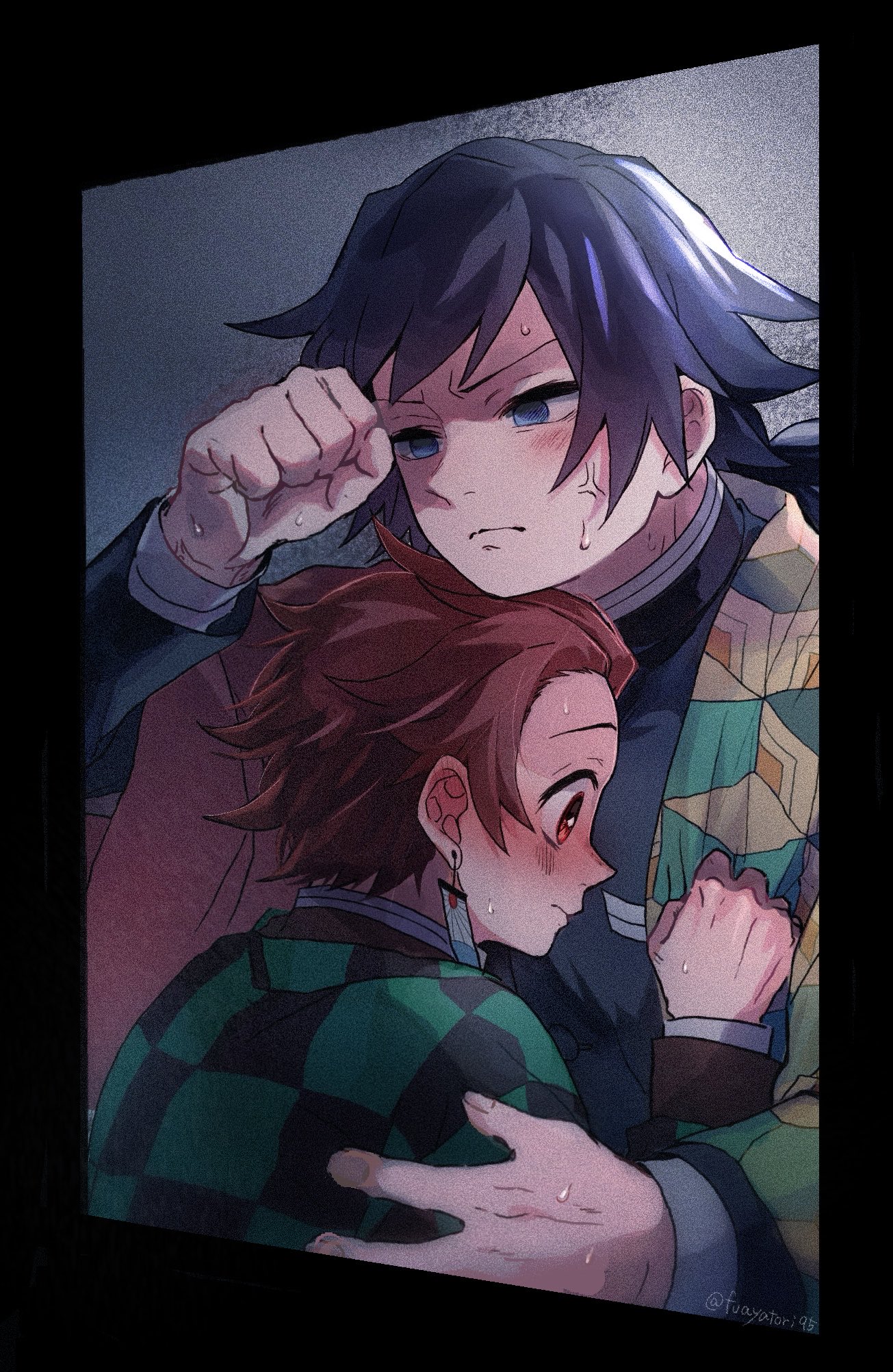 kamado tanjirou, tomioka giyuu, kimetsu no yaiba, highres, 2boys, black hair, black jacket, blue eyes, blush, checkered haori, closed mouth, demon slayer uniform, earrings, fuayatori95, hanafuda earrings, haori, high collar, hug, jacket, japanese clothes, jewelry, kikkoumon, low ponytail, male focus, multiple boys, ponytail, print haori, red haori, spiked hair, sweat, upper body, veiny face, yaoi
