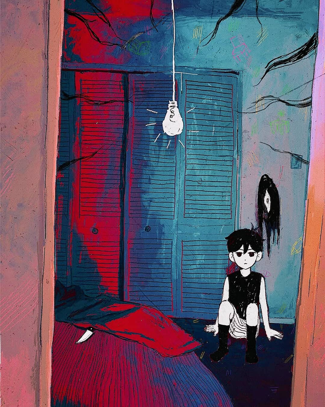 sapgoon, omori (omori), something (omori), omori, highres, 1boy, antenna hair, arm support, bed, black eyes, black hair, black socks, black tank top, closed mouth, collared shirt, double-parted bangs, hair between eyes, indoors, knees up, knife, light bulb, looking at viewer, male focus, shirt, short hair, shorts, sitting, socks, solo, striped clothes, striped shorts, tank top, vertical-striped clothes, vertical-striped shorts, white shorts