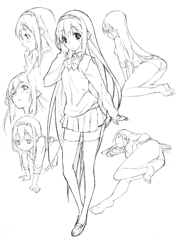 kousaki rui, original, barefoot, feet, greyscale, hairband, kneeling, monochrome, panties, school uniform, serafuku, sketch, underwear