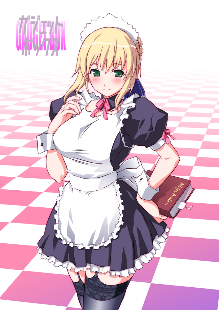 shoumaru (gadget box), artoria pendragon (fate), saber (fate), fate/stay night, fate (series), 00s, alternate costume, apron, blonde hair, blush, book, dress, green eyes, maid, maid apron, maid headdress, smile, solo, thighhighs, wrist cuffs