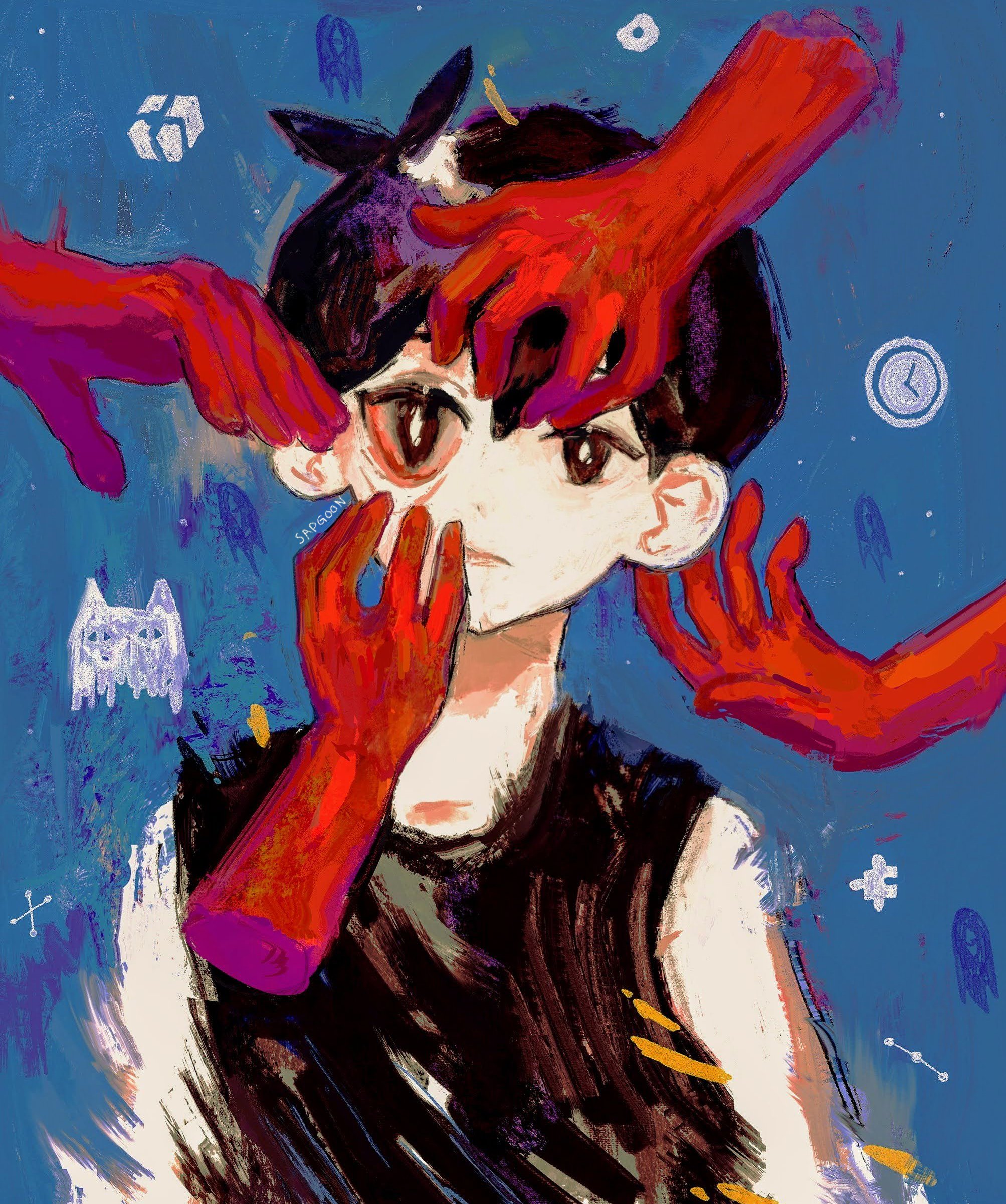 sapgoon, omori (omori), something (omori), omori, absurdres, highres, 1boy, antenna hair, artist name, black tank top, bright pupils, closed eyes, colored skin, double-parted bangs, hair between eyes, looking at viewer, male focus, short hair, solo, tank top, upper body, white pupils, white skin
