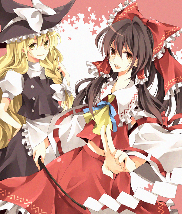 karu, yuzuki karu, hakurei reimu, kirisame marisa, touhou, bad id, bad pixiv id, 2girls, apron, black hair, blonde hair, female focus, gohei, hand on own hip, hat, japanese clothes, miko, multiple girls, ribbon, star (symbol), twintails, witch, witch hat, yellow eyes