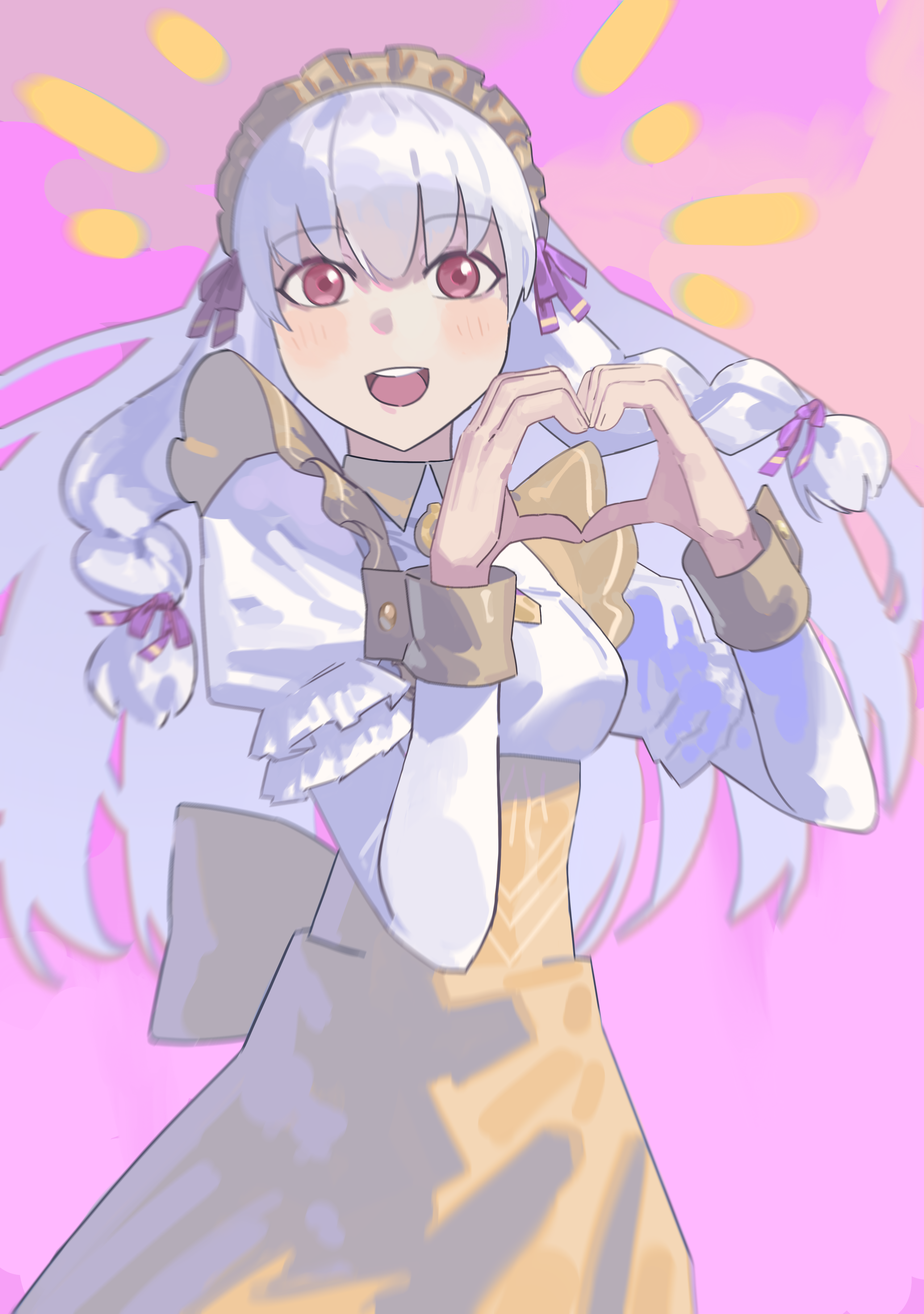 kucheat zg, lysithea von ordelia, lysithea von ordelia (tea party), fire emblem, fire emblem: three houses, fire emblem heroes, nintendo, absurdres, commentary request, highres, 1girl, blush, heart, heart hands, juliet sleeves, long hair, long sleeves, looking at viewer, maid headdress, official alternate costume, pink background, puffy sleeves, red eyes, simple background, smile, solo, teeth, upper teeth only, white hair