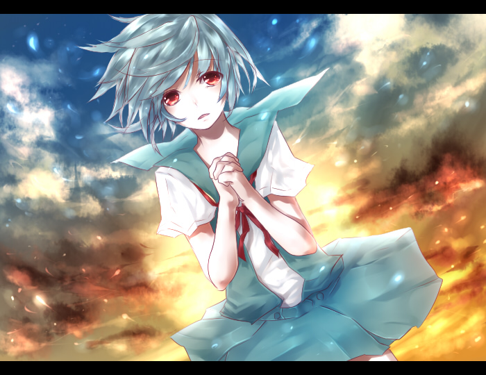 neota, ayanami rei, neon genesis evangelion, bad id, bad pixiv id, 1girl, blue hair, dutch angle, female focus, letterboxed, outdoors, own hands clasped, own hands together, red eyes, school uniform, sky, solo