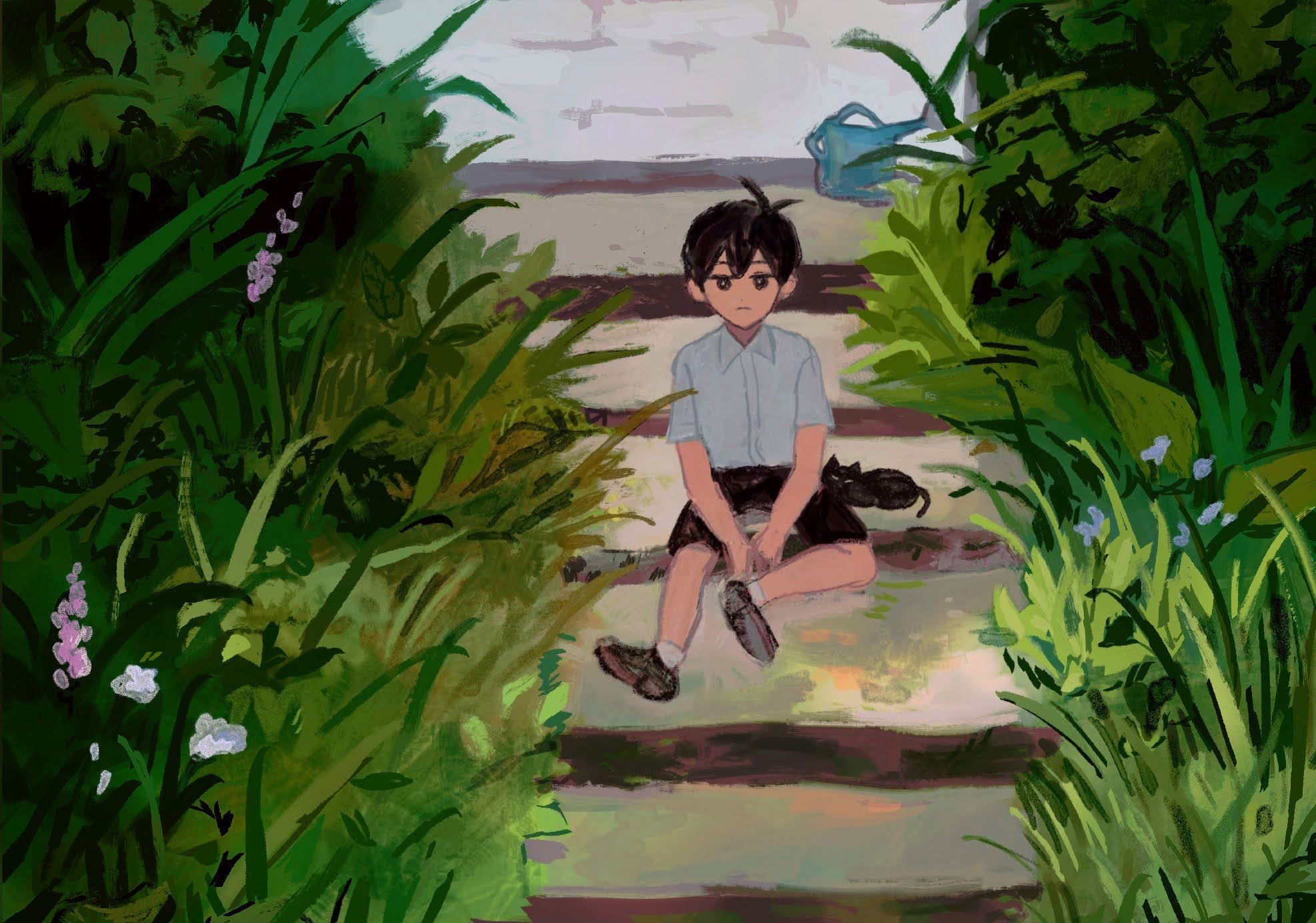 sapgoon, mewo, sunny (omori), highres, 1boy, alternate costume, black eyes, black hair, black shoes, black shorts, bright pupils, cat, closed mouth, collared shirt, looking at viewer, outdoors, shirt, shoes, short hair, short sleeves, shorts, sitting, socks, solo, stairs, watering can, white pupils, white shirt, white socks