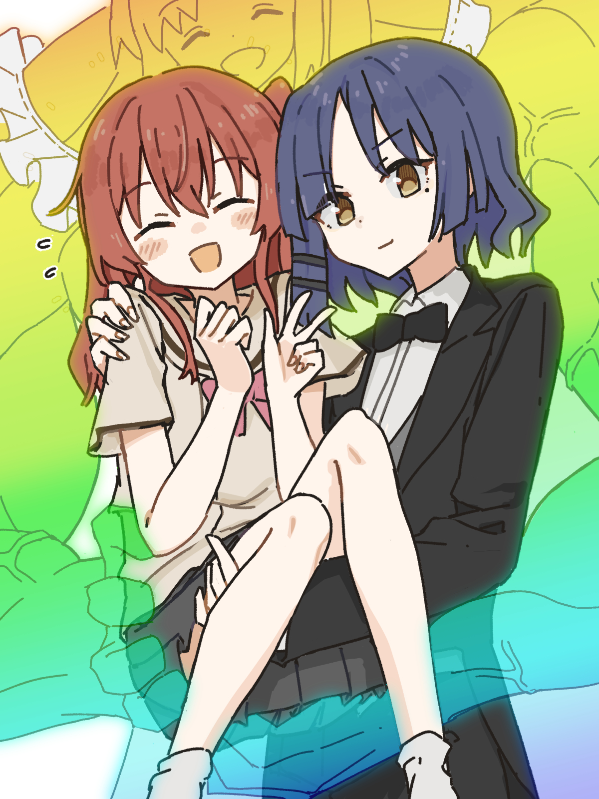 you sakura ys, ijichi nijika, kita ikuyo, yamada ryo, bocchi the rock!, highres, 3girls, black bow, black bowtie, black suit, blue hair, blush, bow, bowtie, brown shirt, butler, carrying, carrying person, closed eyes, coattails, colored skin, crossdressing, crossdressing (ftm), female butler, formal clothes, frilled sleeves, frills, long hair, long sleeves, multicolored skin, multiple girls, muscular, one side up, open mouth, pant suit, pants, pleated skirt, red eyes, red hair, school uniform, shirt, short sleeves, skirt, smile, suit, tailcoat, transparent, tuxedo, tuxedo shirt, v, white background, yellow eyes