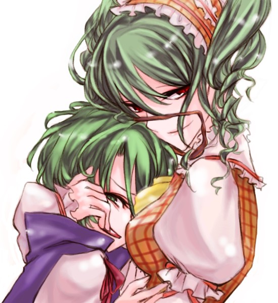 aria (harahachibunme), aria (opera), kazami yuuka, wriggle nightbug, touhou, bad id, bad pixiv id, 2girls, alternate hairstyle, antennae, ascot, breasts, cape, drill hair, female focus, frills, green eyes, green hair, hug, looking at viewer, medium breasts, multiple girls, plaid clothes, plaid vest, red eyes, short hair, simple background, smile, vest, white background